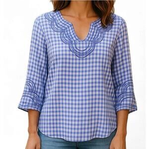 Talbots Gingham Plaid Popover Top Purple Cotton Embroidered Large